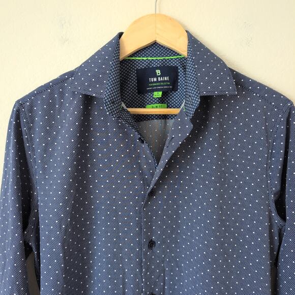 Tom Baine Performance Small Blue Dotted Button Down Shirt Slim Fit 4 way stretch - Picture 5 of 7